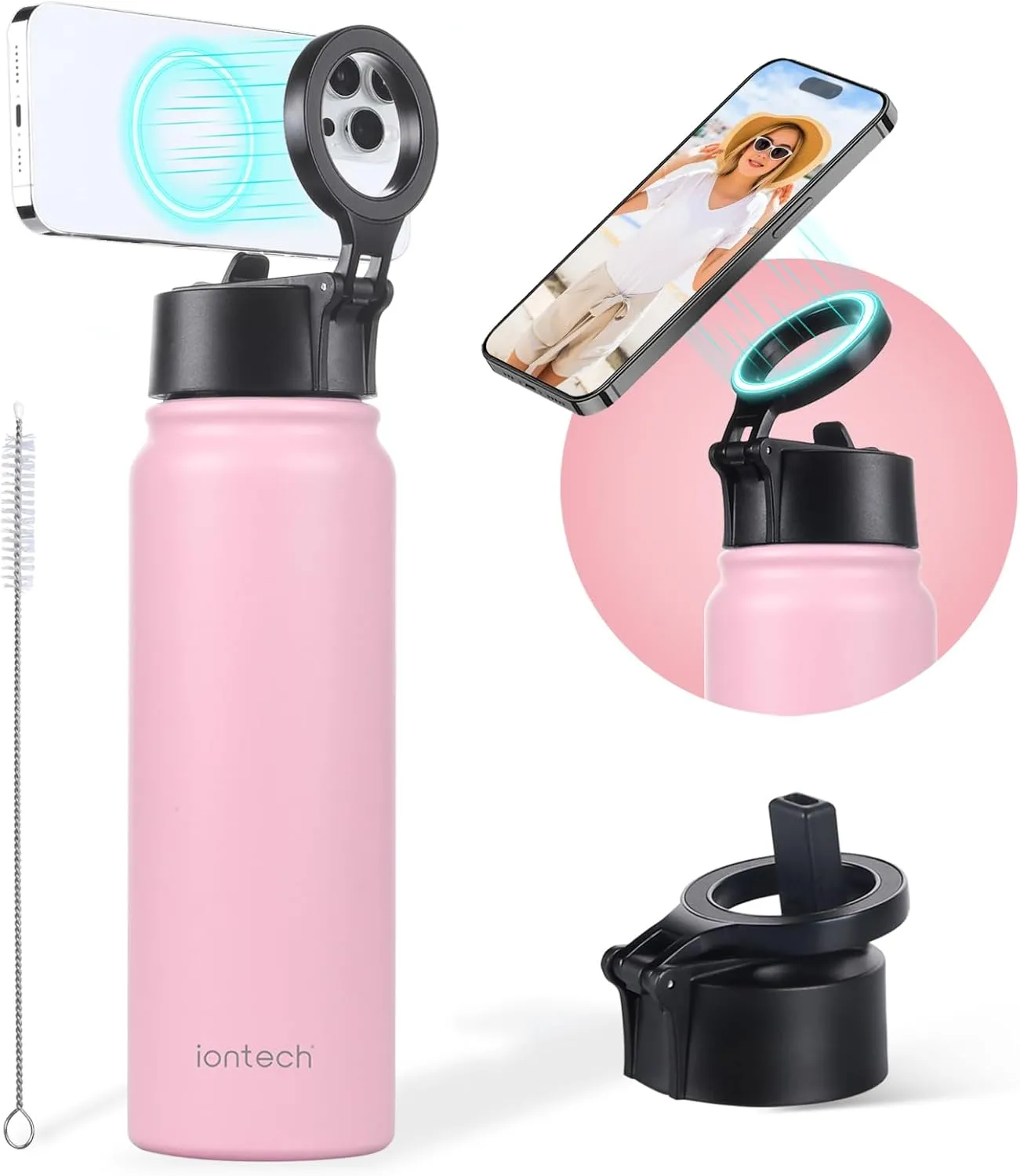 Insulated Water Bottle with Magnetic Phone Holder Compatible with MagSafe and iPhone, Double-Sided Magnet, Stainless Steel Water Bottle Phone Mount for Sports Travel, Hot 12H Cold 24H, 27oz (Pink)