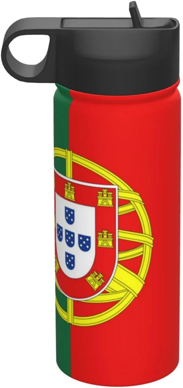 Insulated Water Bottle with Straw, Spout and Handle Lid, Stainless Steel Leak Proof Sports Water Flask Compatible with Portugal Flag, Double Walled Vacuum Metal Water Bottle