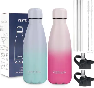 Insulated Water Bottle,2 Pack-9oz Stainless Steel Water Bottles with straw lid,Metal Sports Thermos Water Bottles for Boys,Girls,Double Wall Vacuum BPA-Free Flask for School (Sunset & Sea)