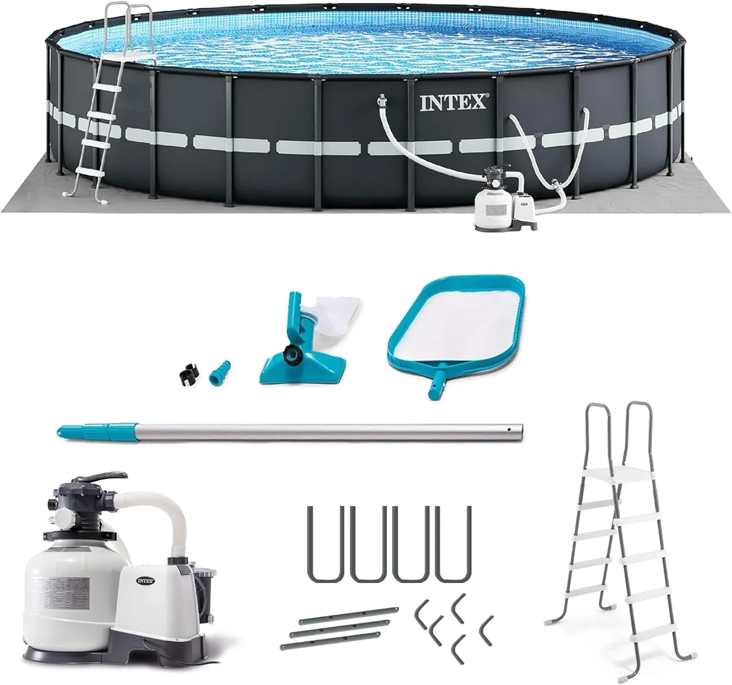 Intex Ultra XTR Frame 18' x 52" Above Ground Swimming Pool with Sand Filter Pump, Ladder, Cover, & Maintenance Accessory Kit with Vacuum and Skimmer