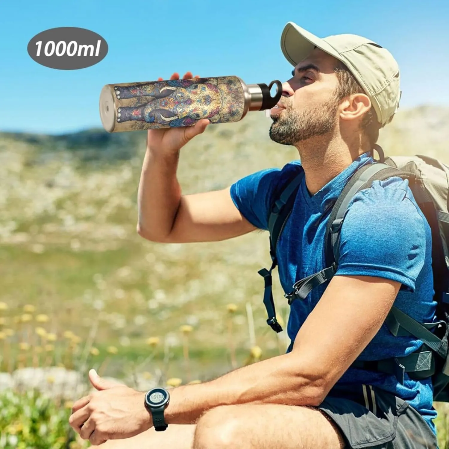 Intricate Elephant Water Bottle with Straw Lid Vacuum Insulated Stainless Steel Thermo Flask Water Bottle 20oz