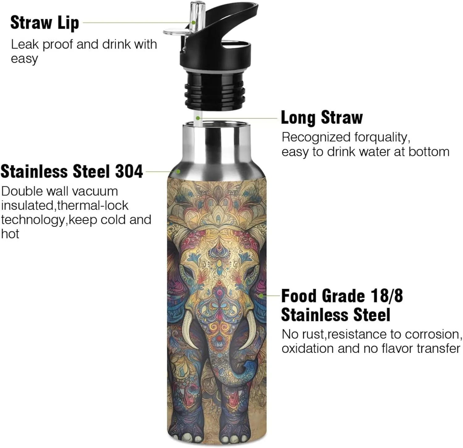 Intricate Elephant Water Bottle with Straw Lid Vacuum Insulated Stainless Steel Thermo Flask Water Bottle 20oz