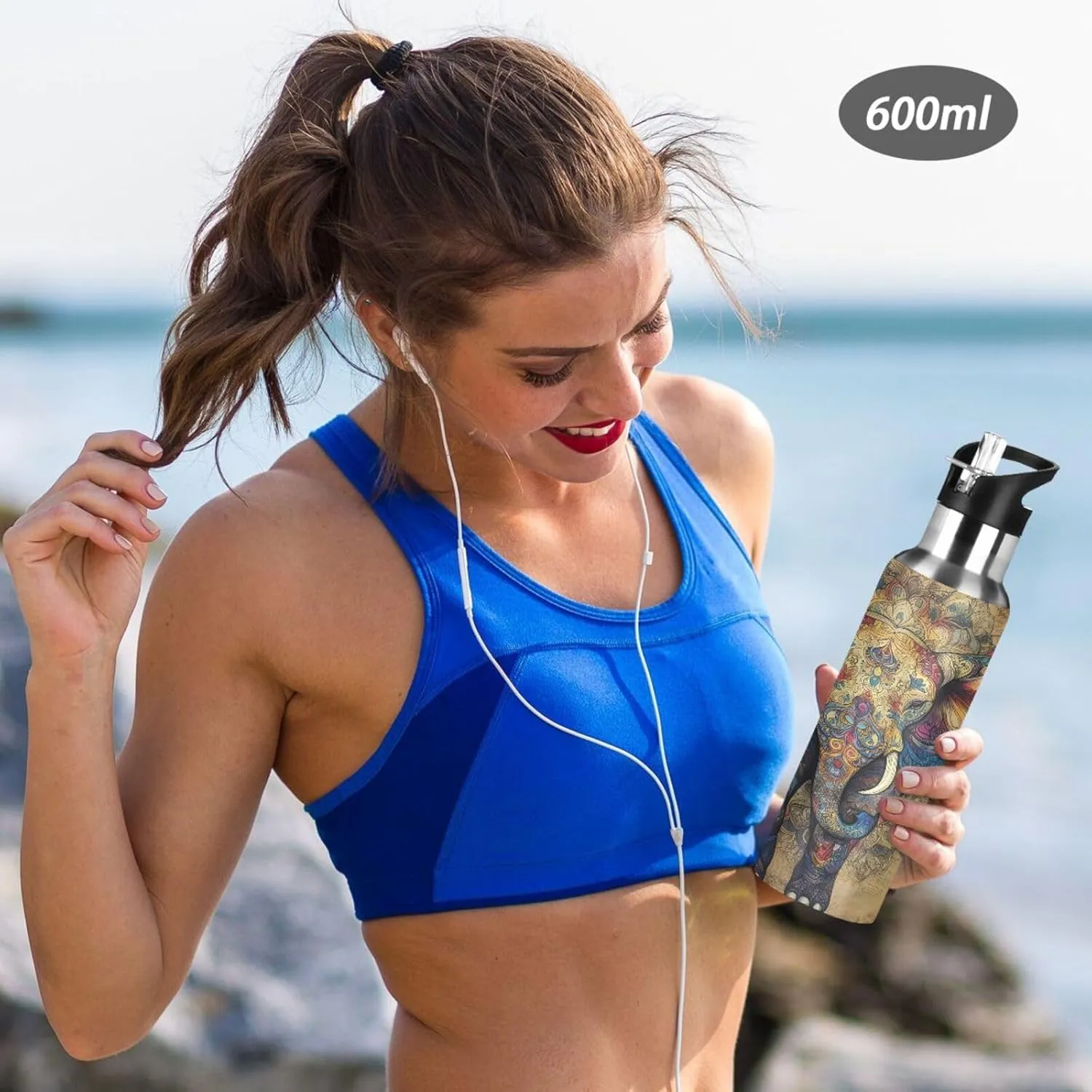 Intricate Elephant Water Bottle with Straw Lid Vacuum Insulated Stainless Steel Thermo Flask Water Bottle 20oz