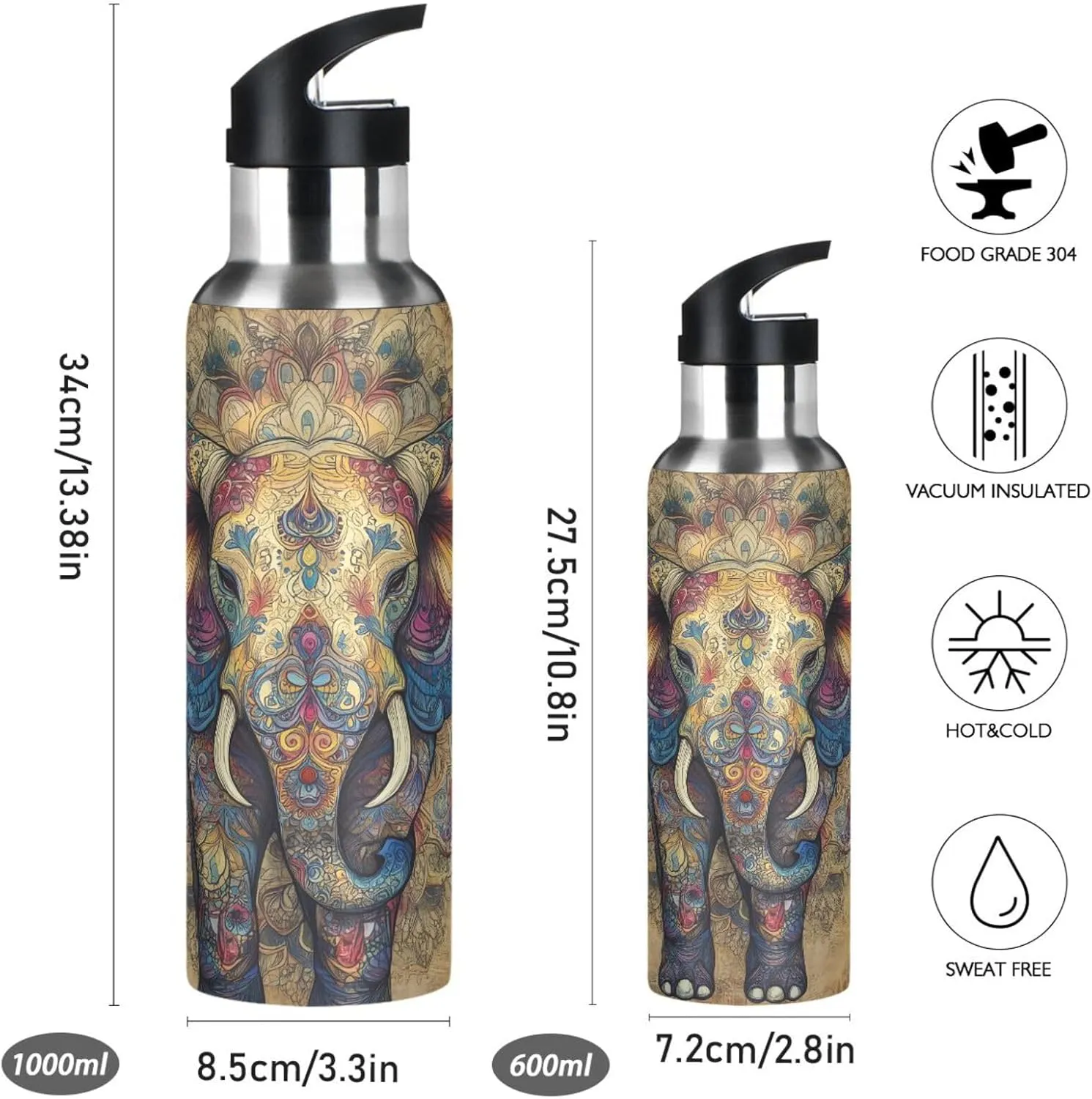 Intricate Elephant Water Bottle with Straw Lid Vacuum Insulated Stainless Steel Thermo Flask Water Bottle 20oz