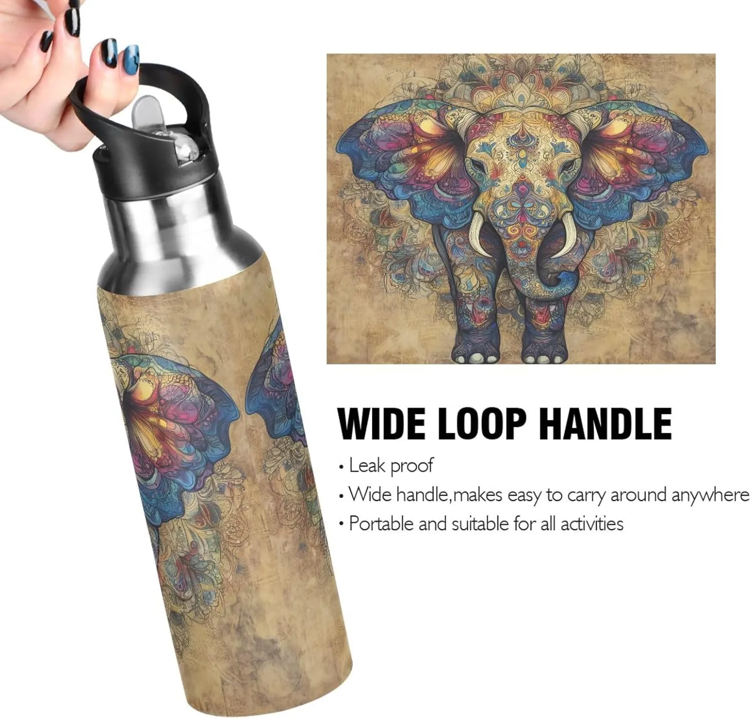 Intricate Elephant Water Bottle with Straw Lid Vacuum Insulated Stainless Steel Thermo Flask Water Bottle 20oz