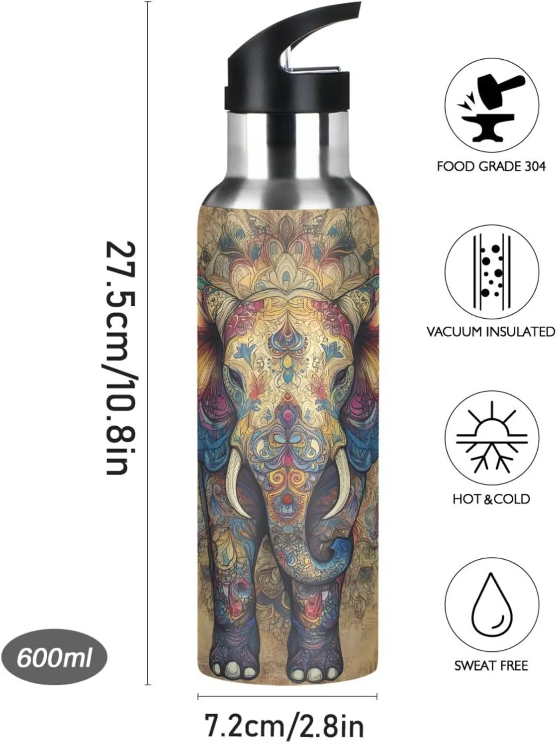 Intricate Elephant Water Bottle with Straw Lid Vacuum Insulated Stainless Steel Thermo Flask Water Bottle 20oz