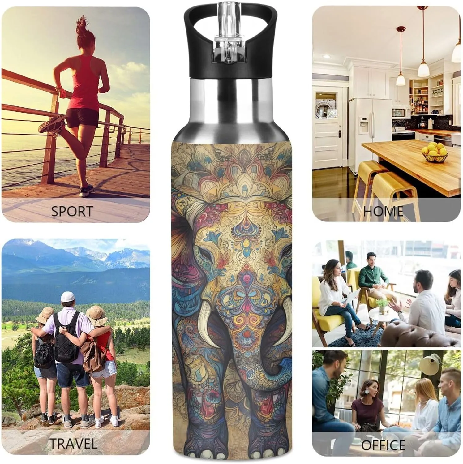 Intricate Elephant Water Bottle with Straw Lid Vacuum Insulated Stainless Steel Thermo Flask Water Bottle 20oz