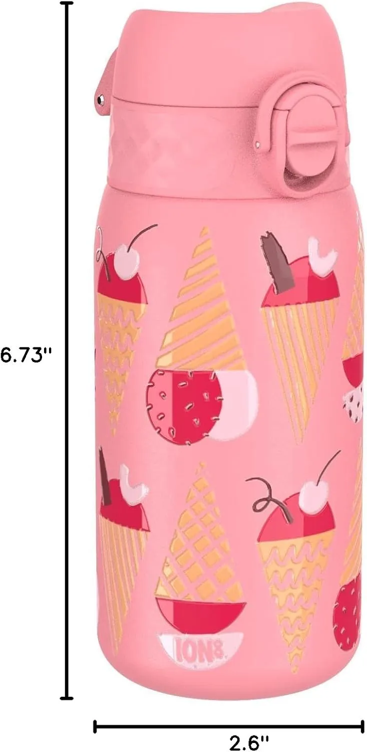Ion8 Kids Water Bottle, Steel 400 ml/13 oz, Leak Proof, Easy to Open, Secure Lock, Dishwasher Safe, Flip Cover, Carry Handle, Easy Clean, Durable, Scratch Resistant, Raised Print, Ice Creams Design