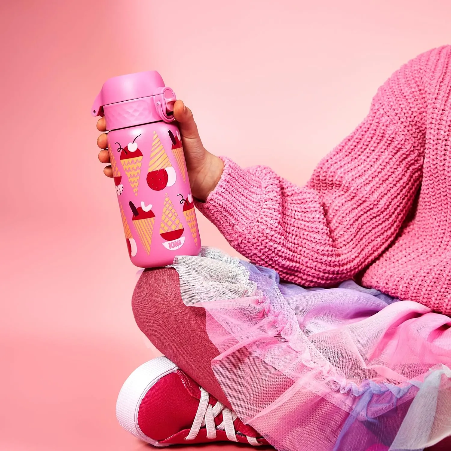 Ion8 Kids Water Bottle, Steel 400 ml/13 oz, Leak Proof, Easy to Open, Secure Lock, Dishwasher Safe, Flip Cover, Carry Handle, Easy Clean, Durable, Scratch Resistant, Raised Print, Ice Creams Design