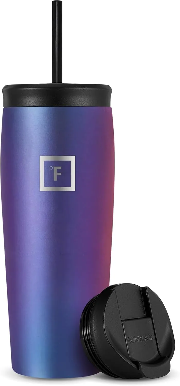 IRON °FLASK Nomad Tumbler - 2 Lids (Straw/Flip), Vacuum Insulated Stainless Steel Bottle, Double Walled, Drinking Cup, Thermos Coffee Travel Mug, Water - Aurora, 20 Oz