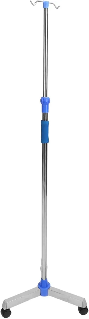 IV Stand Pole Regulable Height Floor Standing Stainless Steel Triangular Wheeled Base Thick Rod 2 Hooks IV Bag Holder