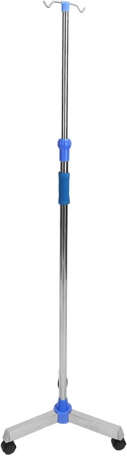 IV Stand Pole Regulable Height Floor Standing Stainless Steel Triangular Wheeled Base Thick Rod 2 Hooks IV Bag Holder