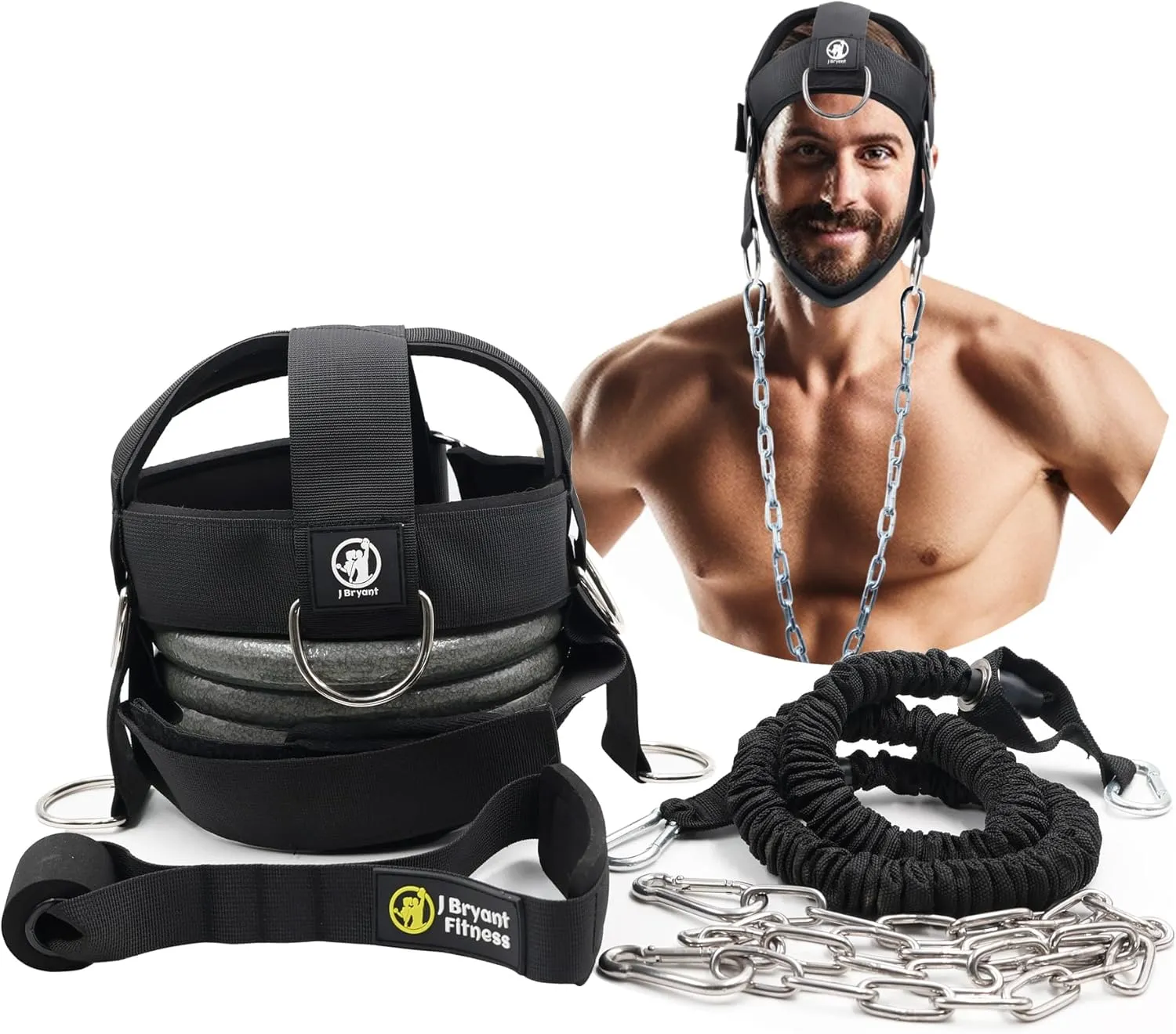 J Bryant Multifunctional Neck Head Harness Weight Lifting Training with Resistance Bands, Door Anchor and Chain, Full Range Muscle Workout