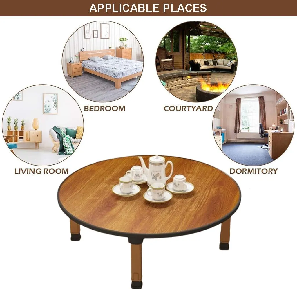 Japanese Foldable Coffee Table, Portable Low Tea Table Wooden Folding Dining Study Breakfast Serving Table Collapsable Small Desk Tatami Sitting On The Floor Table (27.6 * 11.8in, Round)