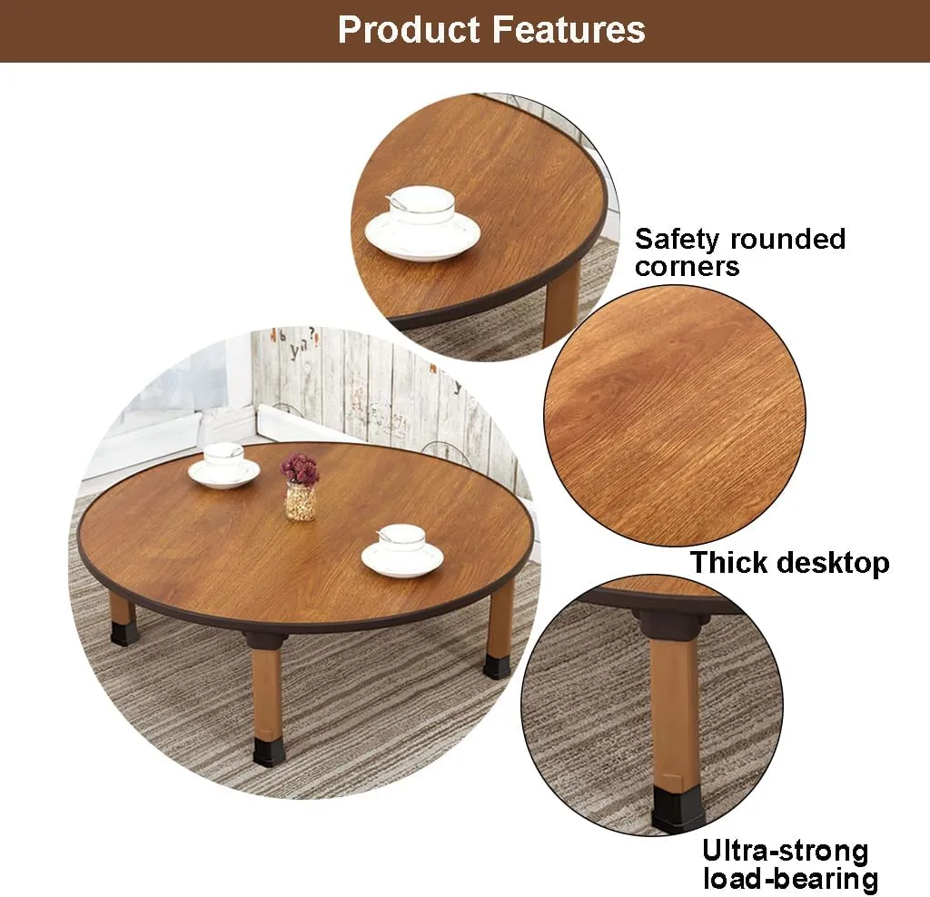 Japanese Foldable Coffee Table, Portable Low Tea Table Wooden Folding Dining Study Breakfast Serving Table Collapsable Small Desk Tatami Sitting On The Floor Table (27.6 * 11.8in, Round)