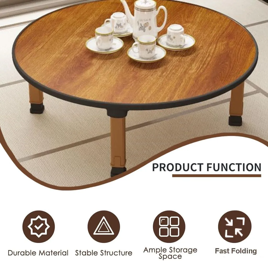 Japanese Foldable Coffee Table, Portable Low Tea Table Wooden Folding Dining Study Breakfast Serving Table Collapsable Small Desk Tatami Sitting On The Floor Table (27.6 * 11.8in, Round)