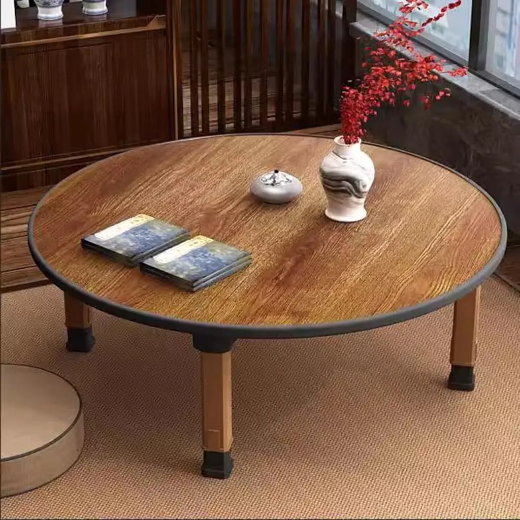 Japanese Foldable Coffee Table, Portable Low Tea Table Wooden Folding Dining Study Breakfast Serving Table Collapsable Small Desk Tatami Sitting On The Floor Table (27.6 * 11.8in, Round)