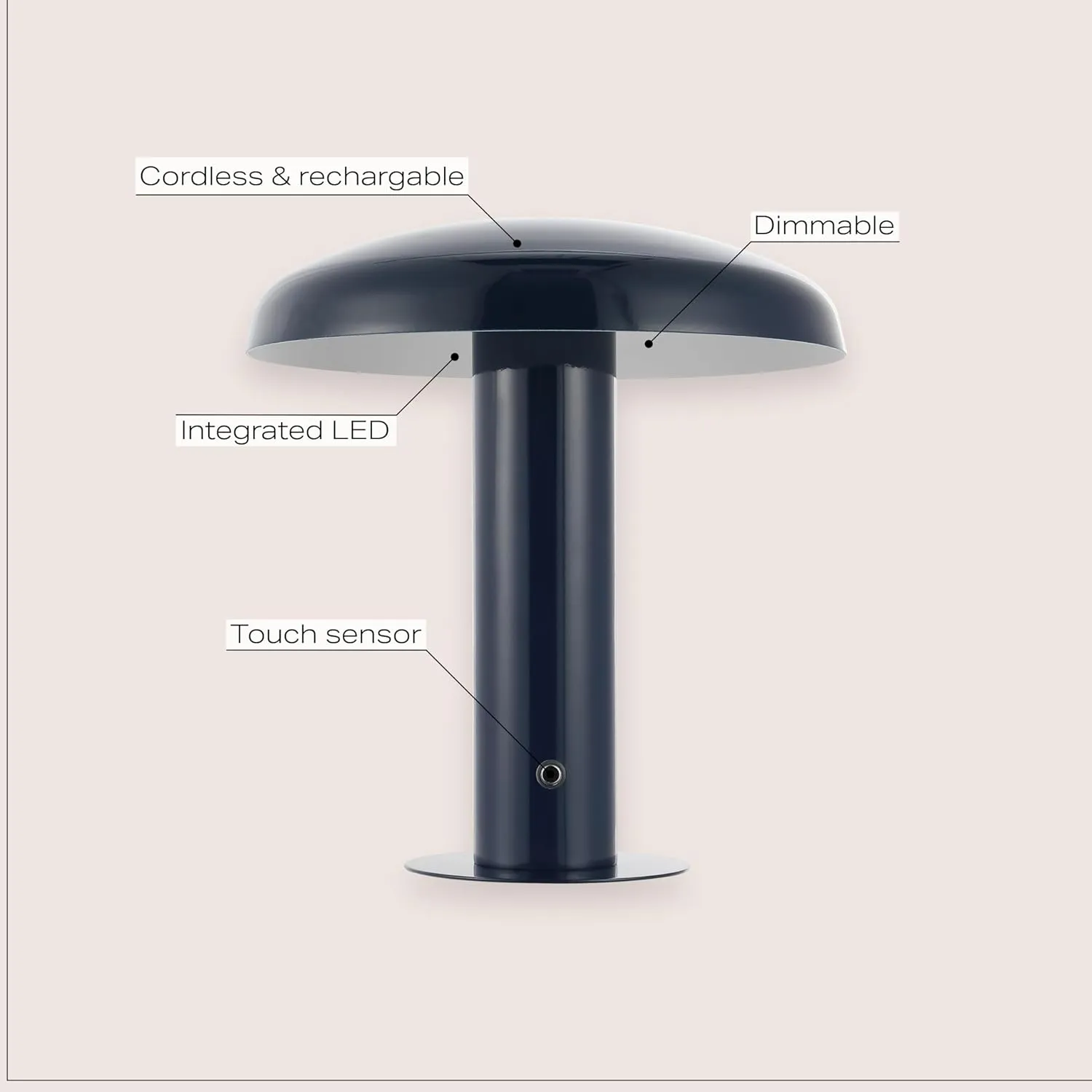 JONATHAN Y JYL7114F Suillius 11" Contemporary Bohemian Rechargeable/Cordless Iron Dimmable Integrated LED Mushroom Table Lamp, Navy, for Bar Console, Vanity