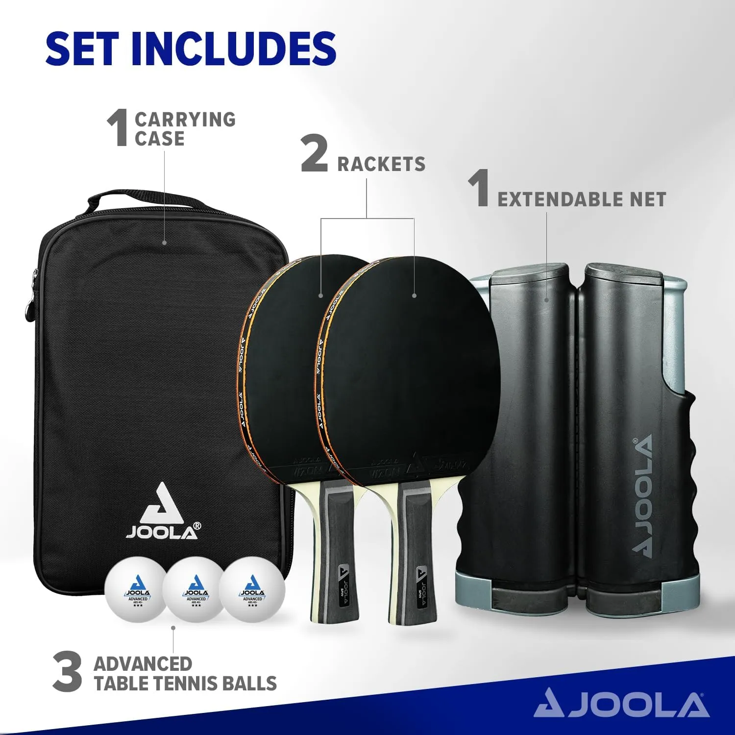 JOOLA Retractable Ping Pong Net for Any Table - Portable Table Tennis Net and Post Set Stretches 5.75' & Clamps Up to 2" Thick - Optional Racket and Ball Set, Games for Family