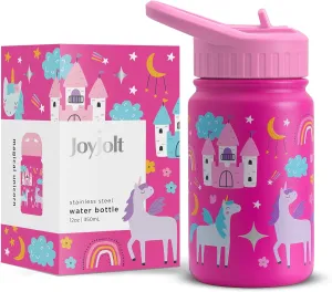 JoyJolt Kids Water Bottle with Straw Lid, 12oz Small Stainless Steel Reusable Tumbler for Kids, Girls, Boys, or Teen, Vacuum Insulated Water Bottle for School, Travel, and Outdoors, Leakproof