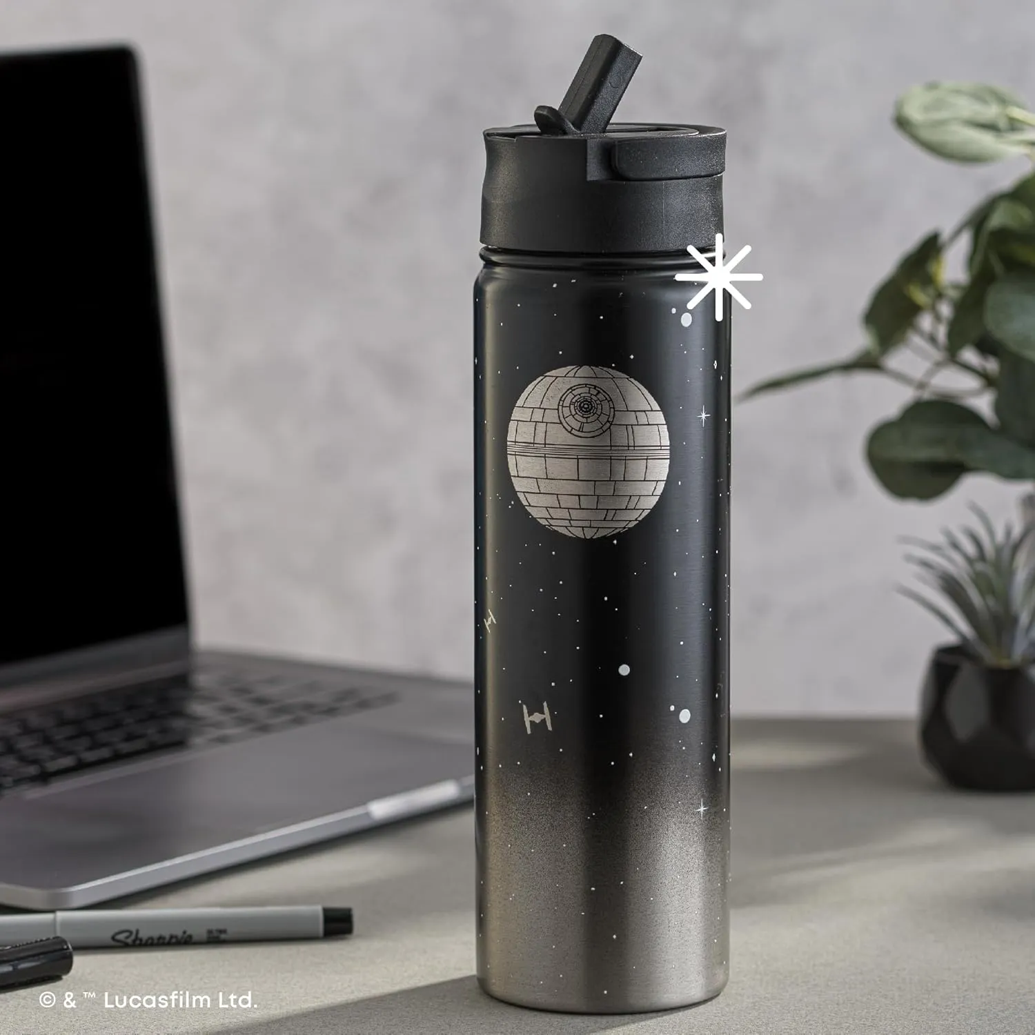 JoyJolt Stainless Steel 22 oz Star Wars Water Bottle with Straw Lid, BPA-Free Sports and Travel Vacuum Insulated Water Bottle, Destination Collection Death Star Bottle, Star Wars Gifts