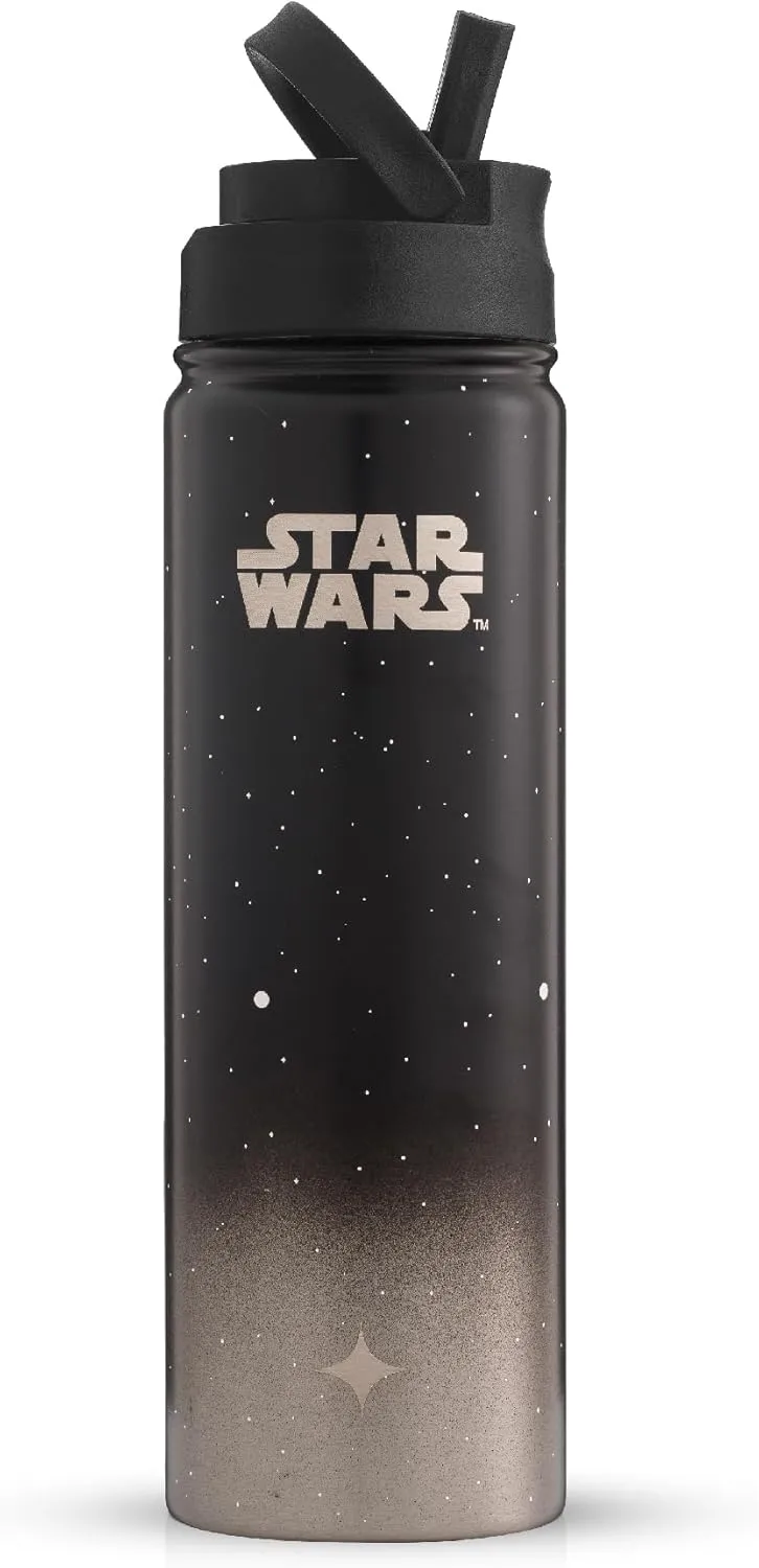JoyJolt Stainless Steel 22 oz Star Wars Water Bottle with Straw Lid, BPA-Free Sports and Travel Vacuum Insulated Water Bottle, Destination Collection Death Star Bottle, Star Wars Gifts