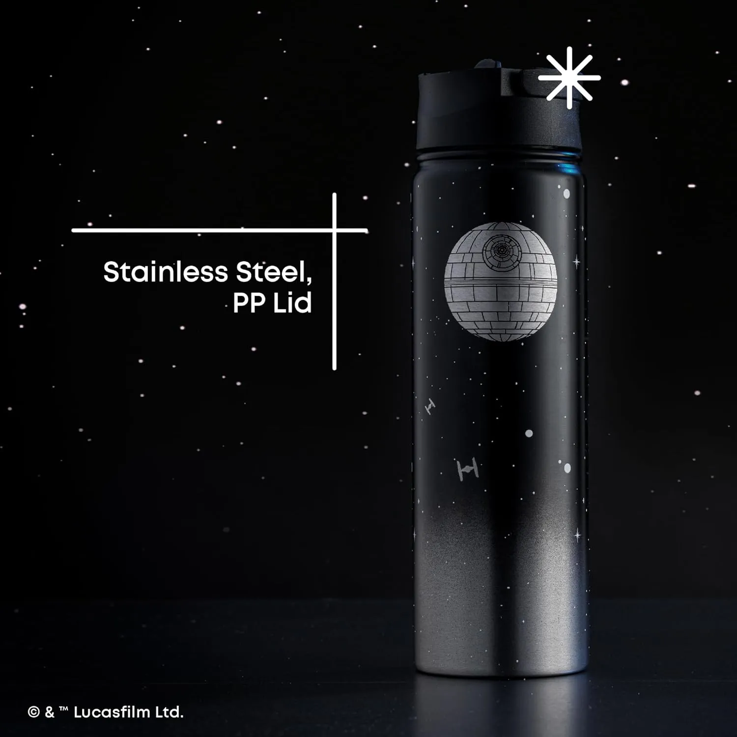 JoyJolt Stainless Steel 22 oz Star Wars Water Bottle with Straw Lid, BPA-Free Sports and Travel Vacuum Insulated Water Bottle, Destination Collection Death Star Bottle, Star Wars Gifts
