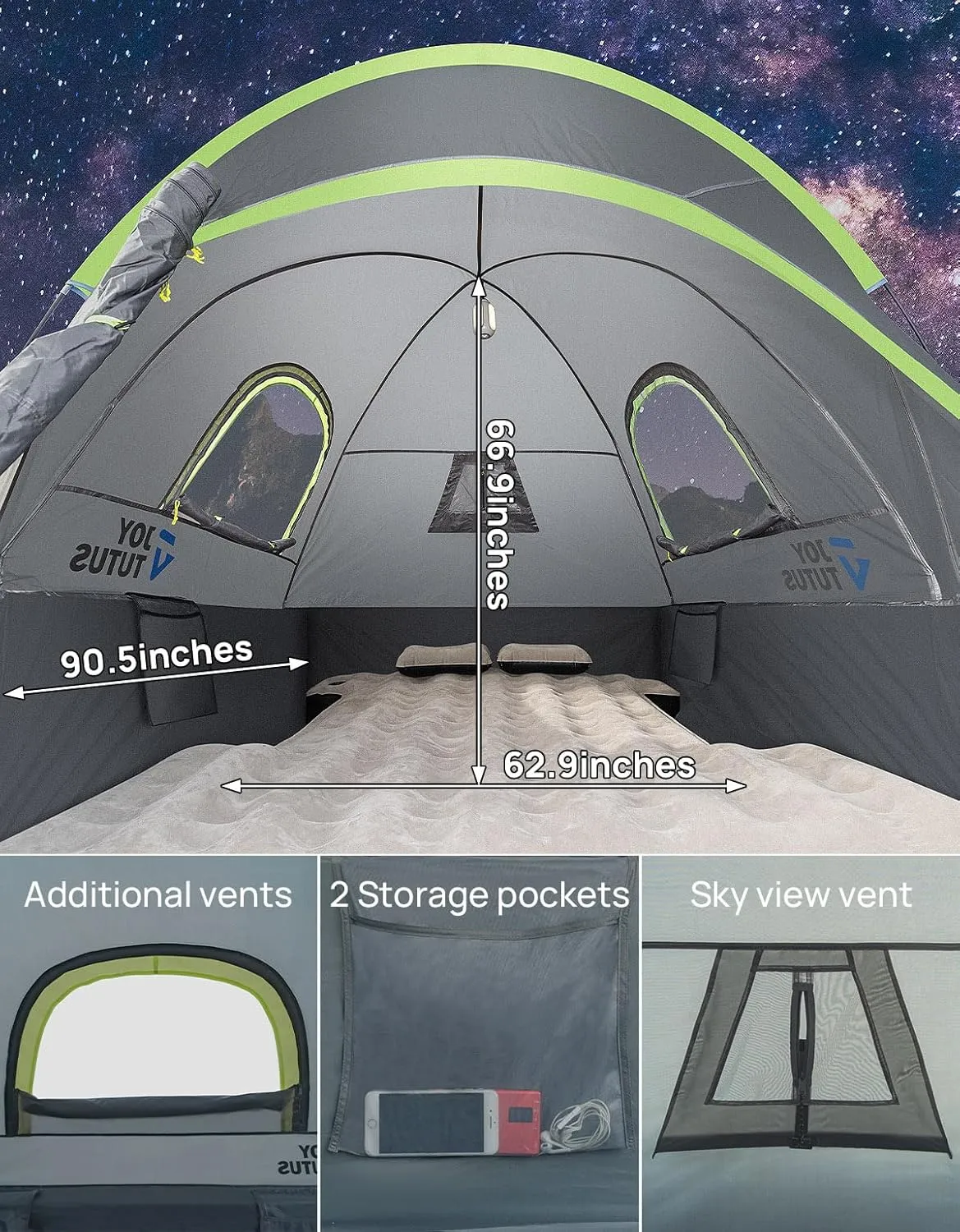 JOYTUTUS Pickup Truck Tent 2.0, Waterproof PU2000mm Double Layer for 2 Person, Portable Truck Bed Tent with Rainfly, 5.5'-6' Camping Preferred - Green