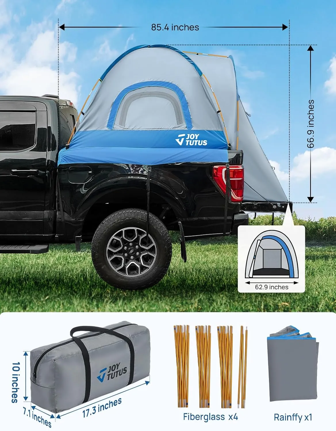 JOYTUTUS Truck Tent, Portable Truck Bed Tent with Rainfly, 5FT - 6.5FT Truck Tent with Waterproof PU2000mm Double Layer for 2 Person - Blue