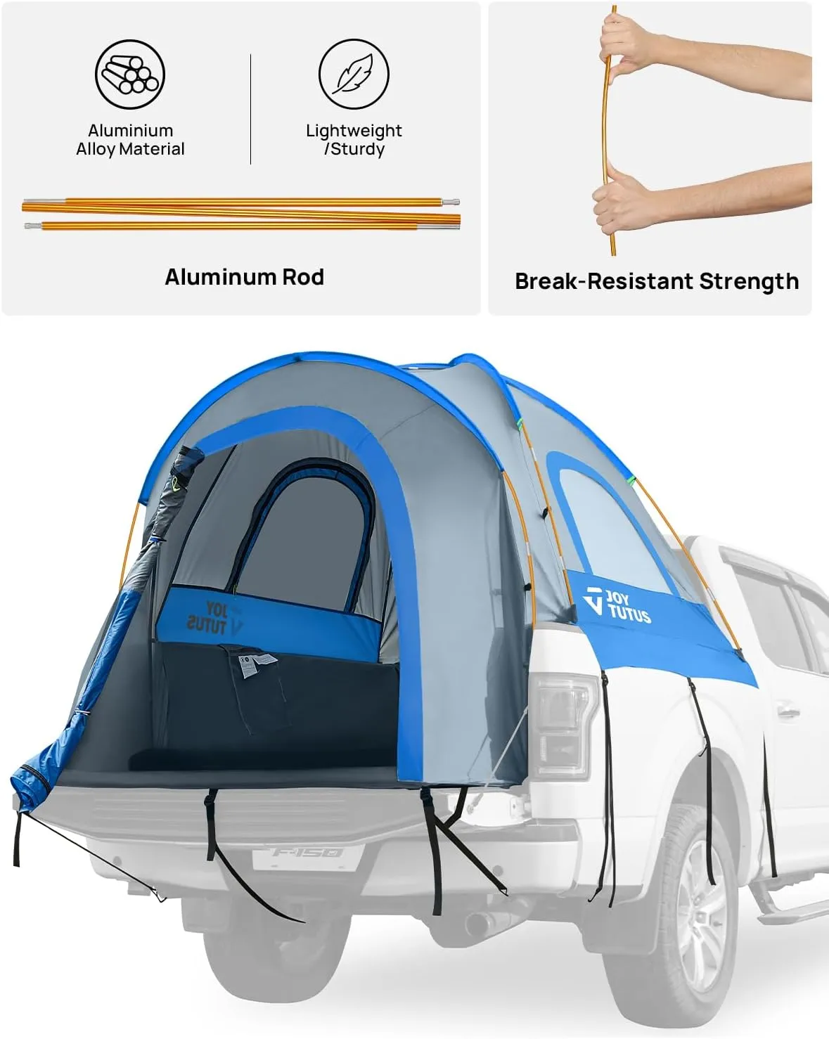 JOYTUTUS Truck Tent, Portable Truck Bed Tent with Rainfly, 5FT - 6.5FT Truck Tent with Waterproof PU2000mm Double Layer for 2 Person - Blue