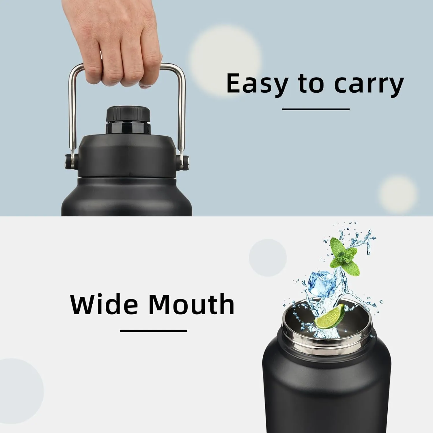 Jug with Handle,87 oz Insulated Water Bottle with Carrying Pouch, Double Wall Vacuum Stainless Steel Metal Bottle,Black