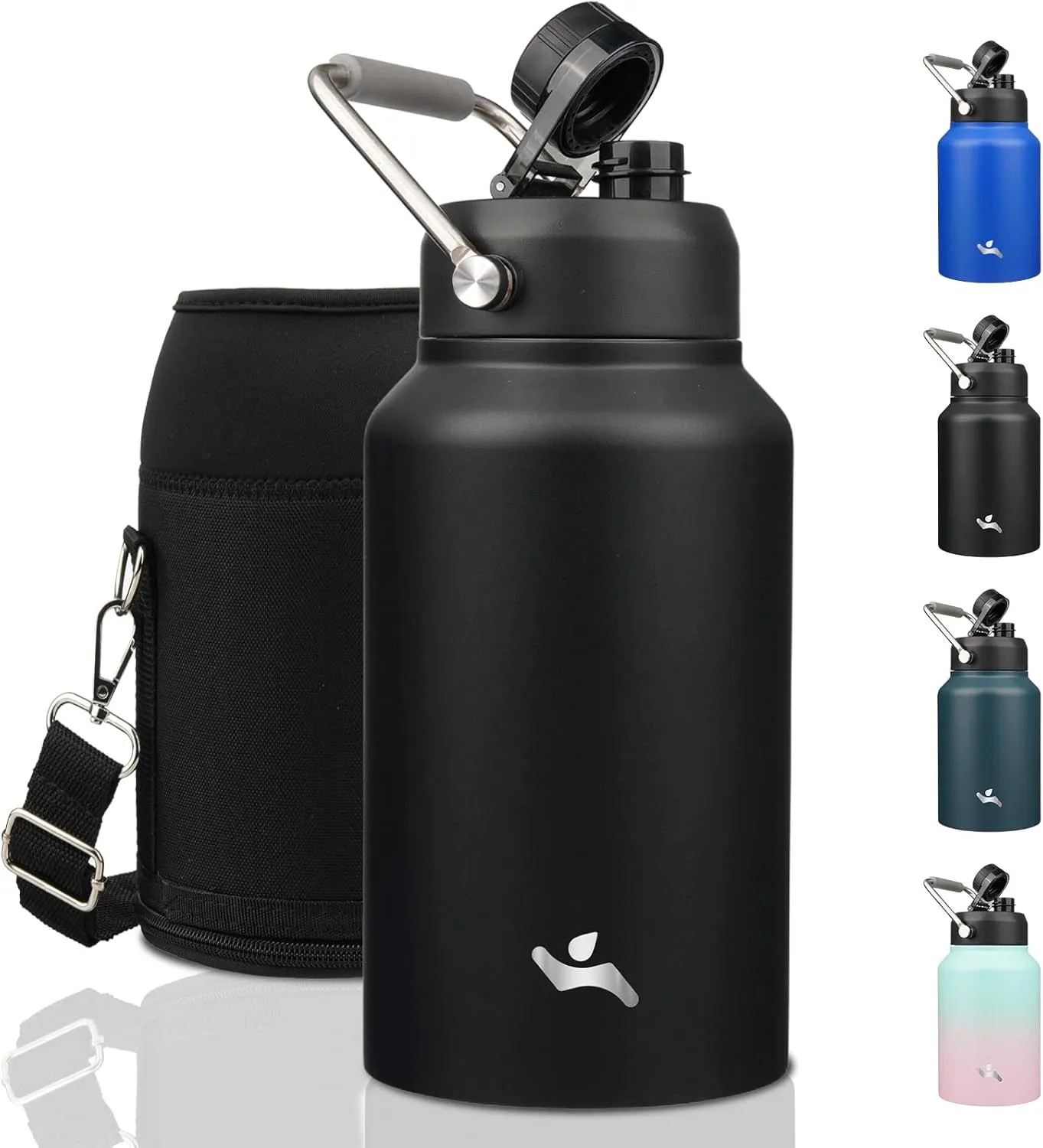 Jug with Handle,87 oz Insulated Water Bottle with Carrying Pouch, Double Wall Vacuum Stainless Steel Metal Bottle,Black