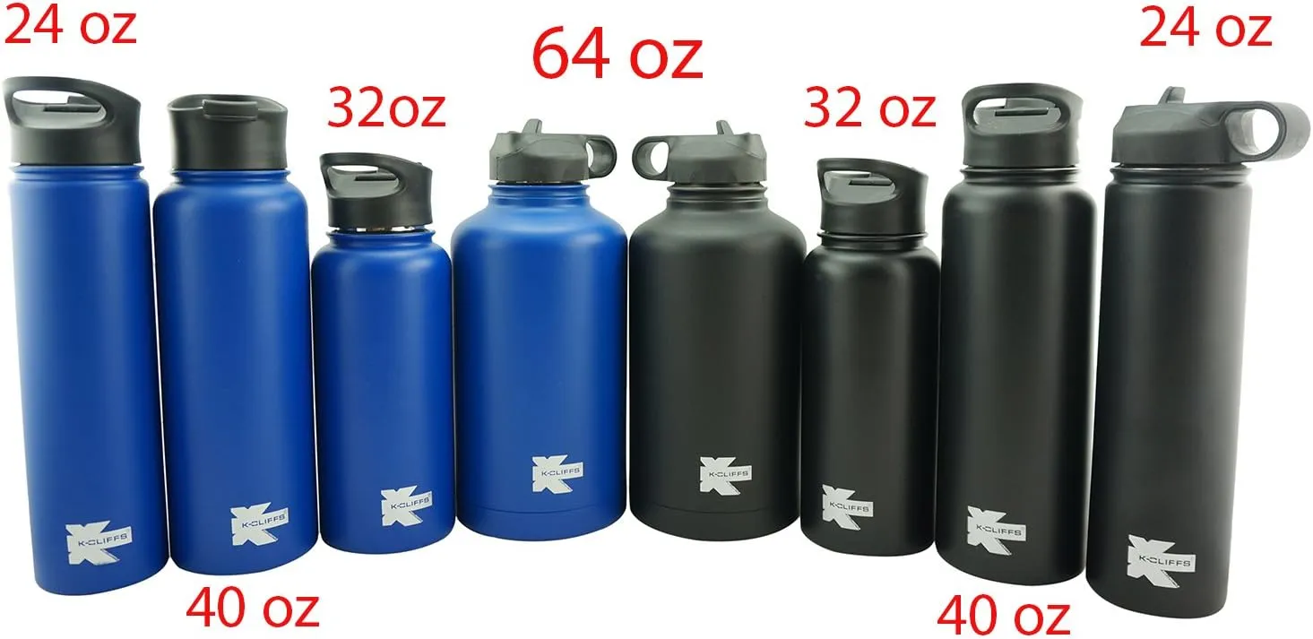 K-Cliffs Double Wall Vacuum Insulated Stainless Sport Water Bottle Thermo Travel Flask Coffee Mug with 3 Lids Straw Coffee Sport Cap BPA Free