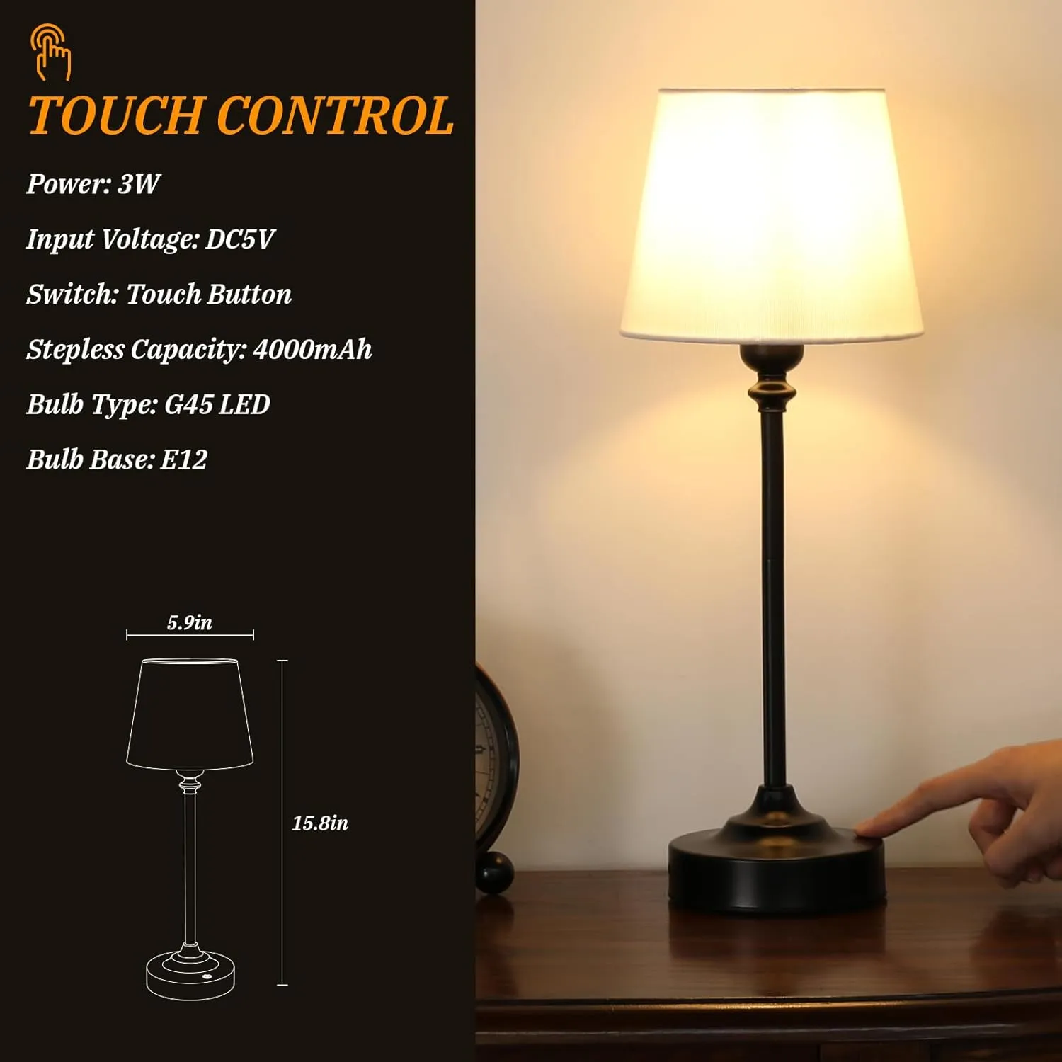 Kakanuo Cordless Table Lamp Rechargeable Black - 1 Pack 4000mAH Battery Operated Lamp for Decor, 3000K Stepless Dimming Touch Control Wireless Lamp for Bedroom, Dining Table, Kitchen, Living Room