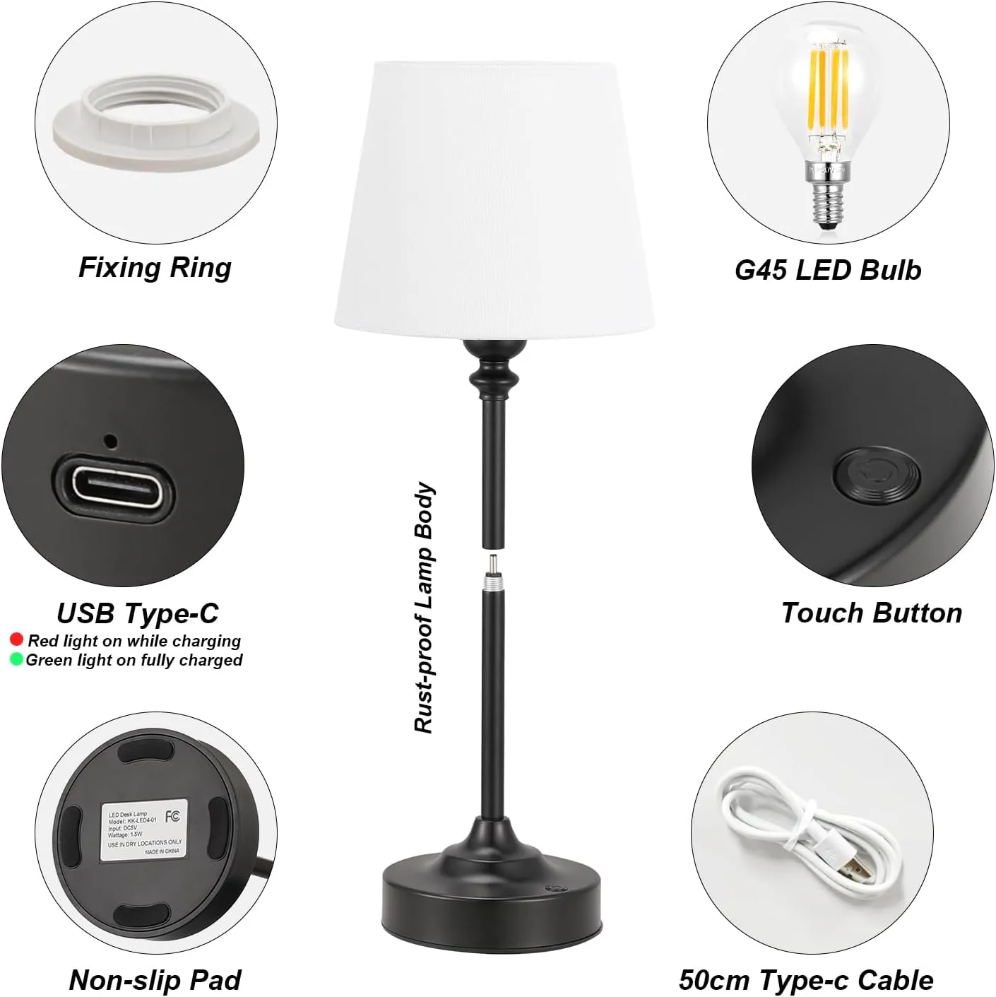 Kakanuo Cordless Table Lamp Rechargeable Black - 1 Pack 4000mAH Battery Operated Lamp for Decor, 3000K Stepless Dimming Touch Control Wireless Lamp for Bedroom, Dining Table, Kitchen, Living Room