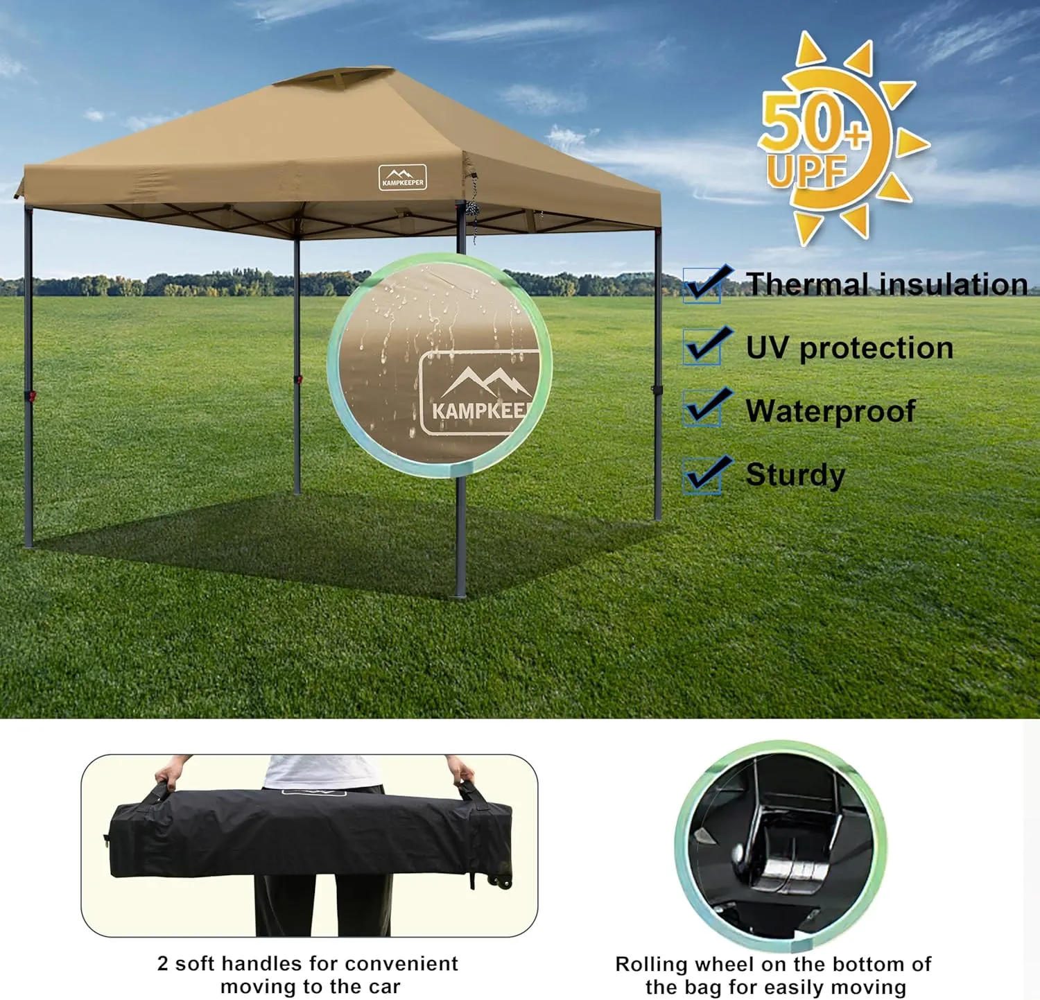 KAMPKEEPER One Person Setup 10x10 Pop up Canopy Tent, Instant Portable Canopy, One Push Outdoor Canopy with 3 Adjustable Heights, Wheeled Carry Bag, Bonus 8 Stakes and 4 Ropes(Kahaki)