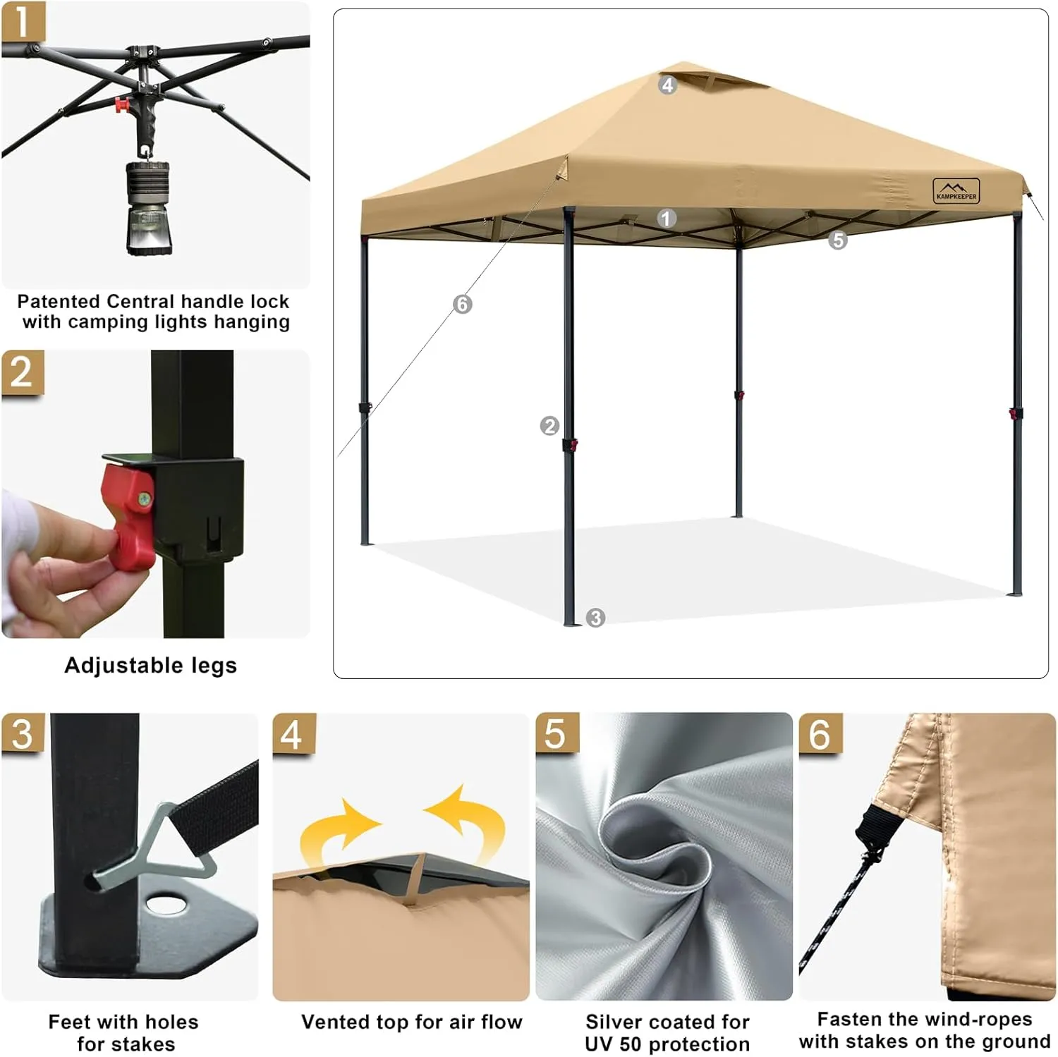 KAMPKEEPER One Person Setup 10x10 Pop up Canopy Tent, Instant Portable Canopy, One Push Outdoor Canopy with 3 Adjustable Heights, Wheeled Carry Bag, Bonus 8 Stakes and 4 Ropes(Kahaki)