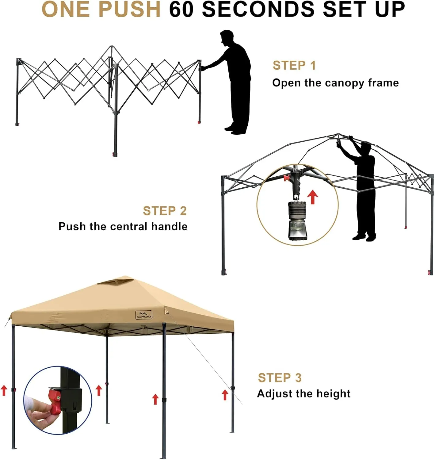 KAMPKEEPER One Person Setup 10x10 Pop up Canopy Tent, Instant Portable Canopy, One Push Outdoor Canopy with 3 Adjustable Heights, Wheeled Carry Bag, Bonus 8 Stakes and 4 Ropes(Kahaki)