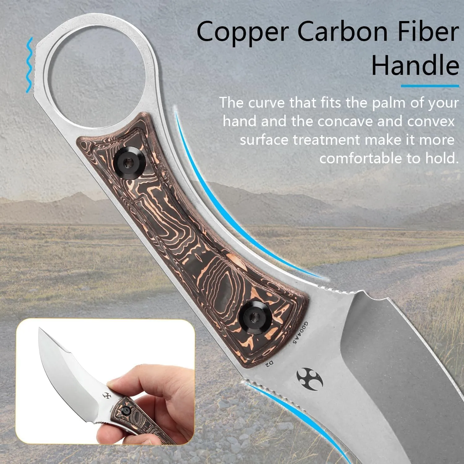 KANSEPT Niko Fixed blade Knife with Sheath, 3.54'' Stonewashed D2 Sharp Blade and Copper Carbon Fiber Handle, Adjustable Kydex Sheath for EDC, Fixed Knifes for Camping Hiking Fishing G004A5