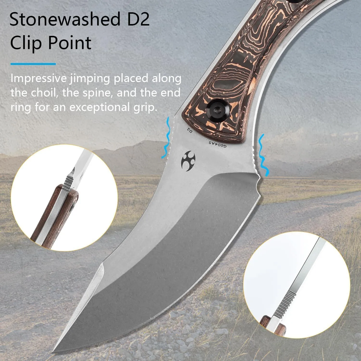 KANSEPT Niko Fixed blade Knife with Sheath, 3.54'' Stonewashed D2 Sharp Blade and Copper Carbon Fiber Handle, Adjustable Kydex Sheath for EDC, Fixed Knifes for Camping Hiking Fishing G004A5