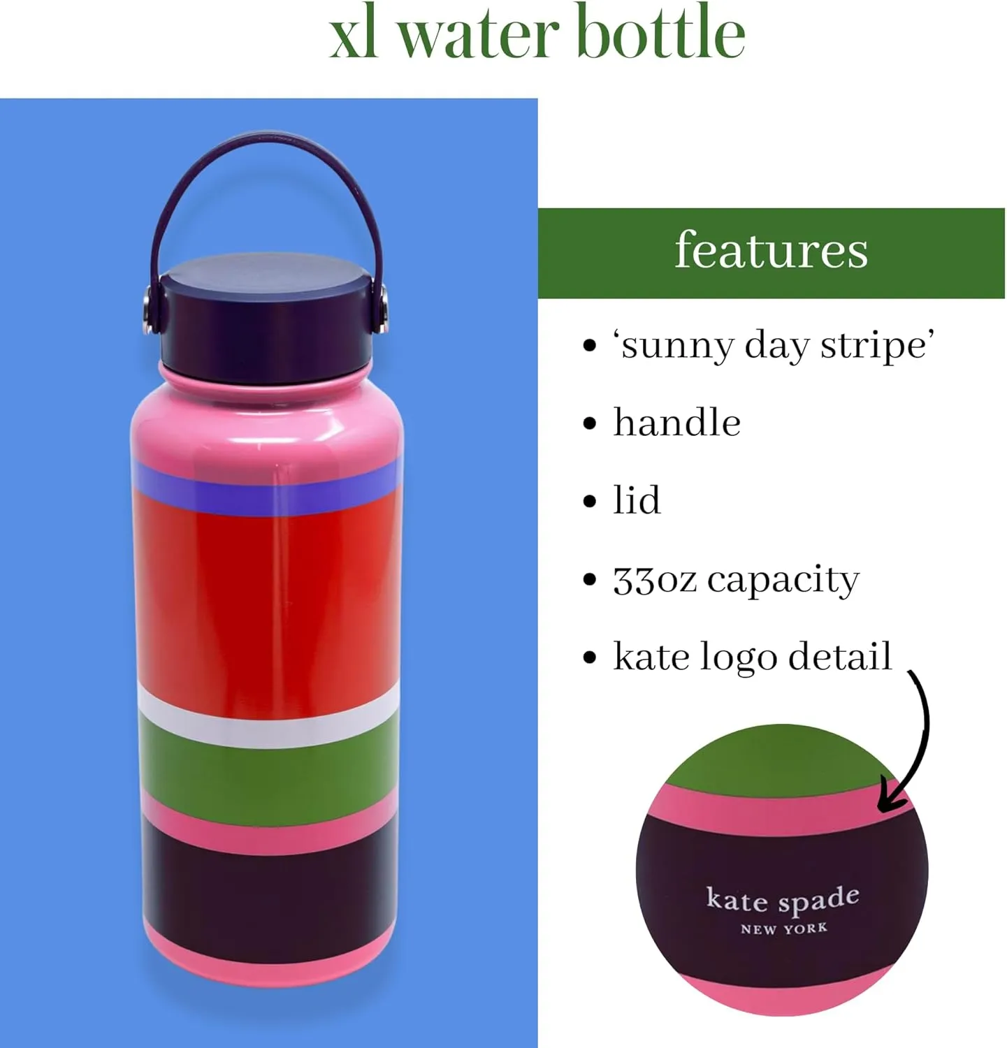 Kate Spade New York Large Insulated Stainless Steel Water Bottle, 33 Ounce Metal Water Bottle, Double Wall Travel Tumbler with Lid (Sunny Day Stripe)