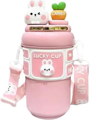 Kawaii Water Bottle, 19oz Stainless Steel Insulation Bottle with Straw & Adjustable Strap, Cute Rabbit Leak-Proof Water Bottles for Girls Sports Camping Travel, Kawaii Bottles, bo