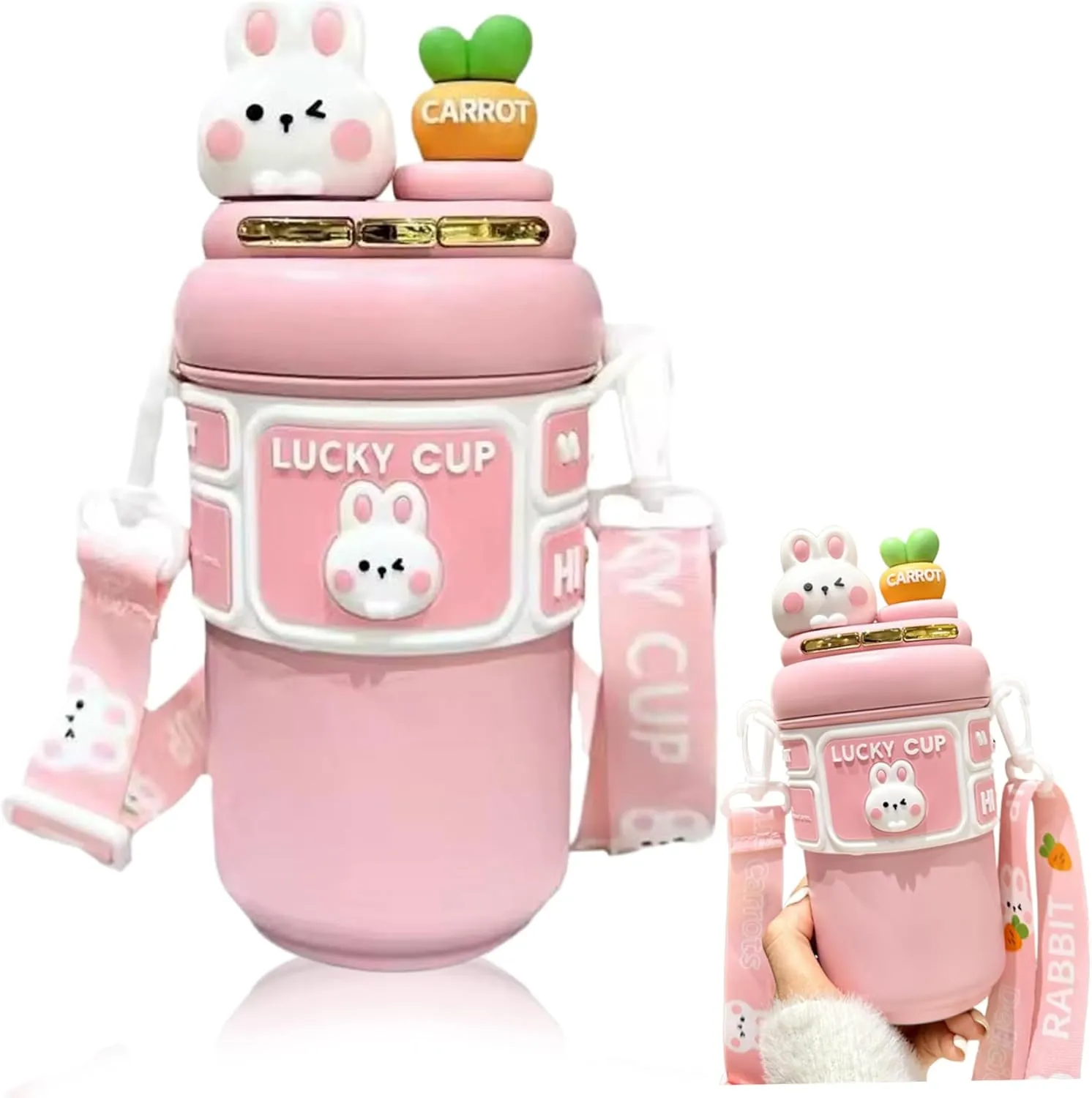 Kawaii Water Bottle, 19oz Stainless Steel Insulation Bottle with Straw & Adjustable Strap, Cute Rabbit Leak-Proof Water Bottles for Girls Sports Camping Travel, Kawaii Bottles, bo
