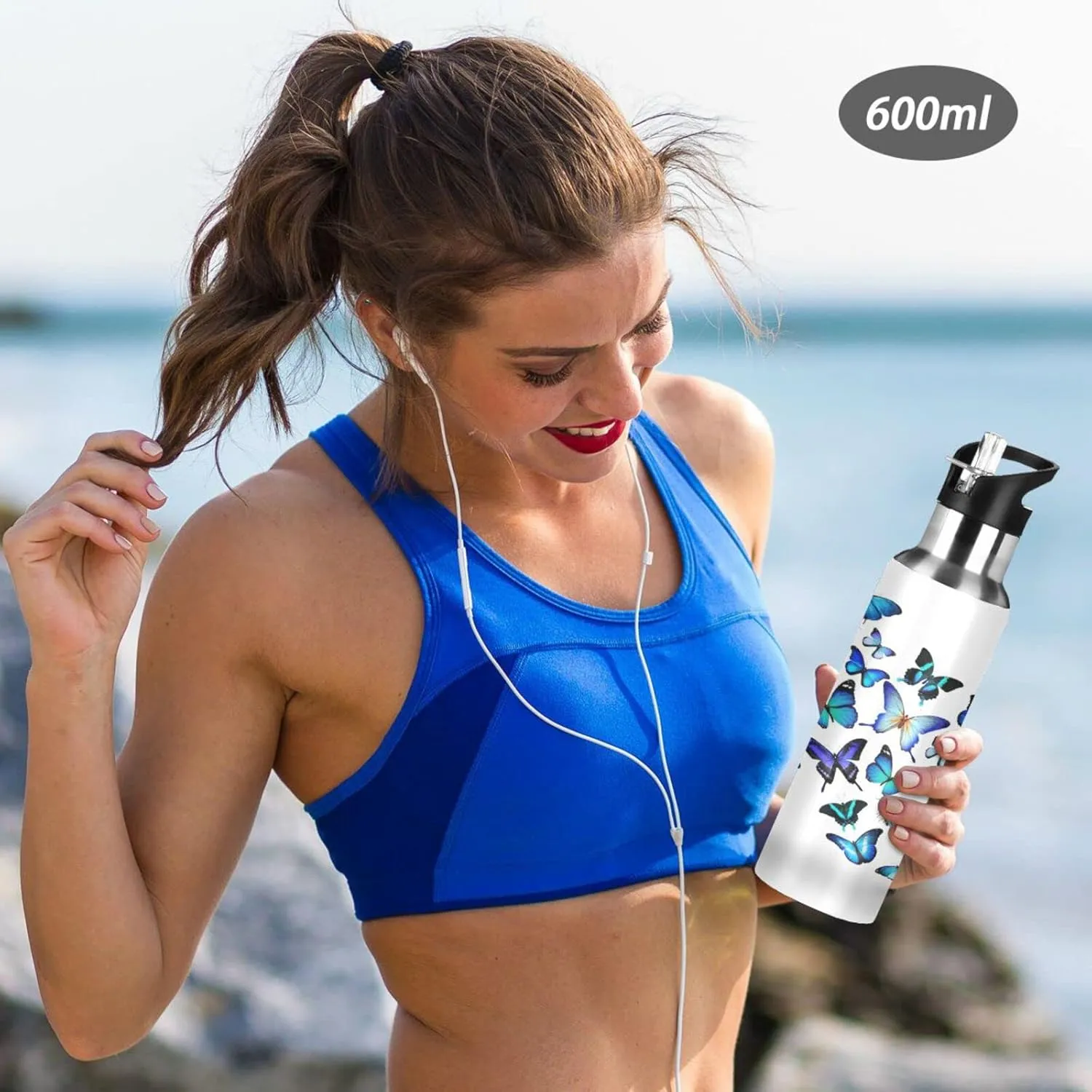 Kcldeci Blue Butterfly Sports Water Bottle 20 Oz Straw Lid Leak Proof Vacuum Insulated Stainless Steel Water Bottles Hot Cold Double Walled Thermo Mug Tumbler Travel Cup