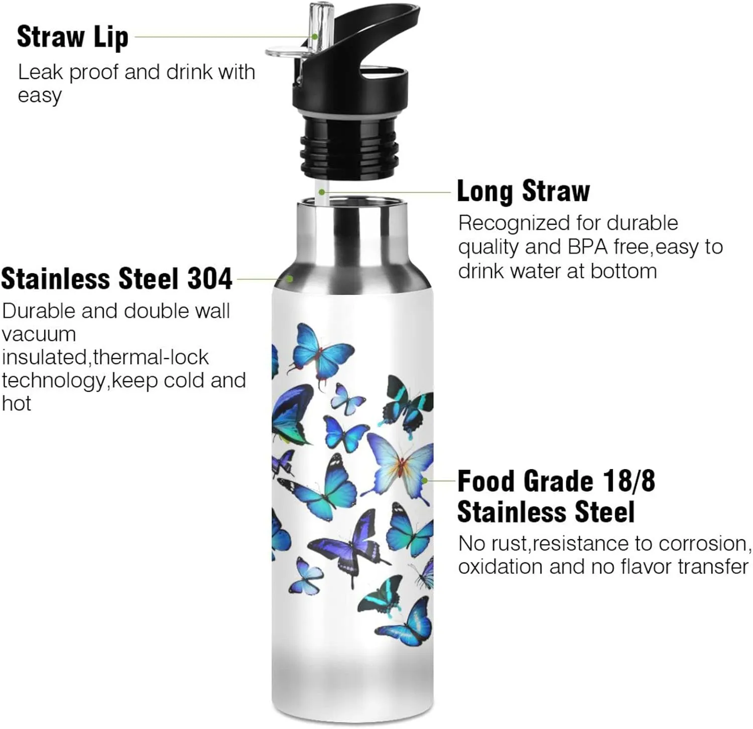 Kcldeci Blue Butterfly Sports Water Bottle 20 Oz Straw Lid Leak Proof Vacuum Insulated Stainless Steel Water Bottles Hot Cold Double Walled Thermo Mug Tumbler Travel Cup