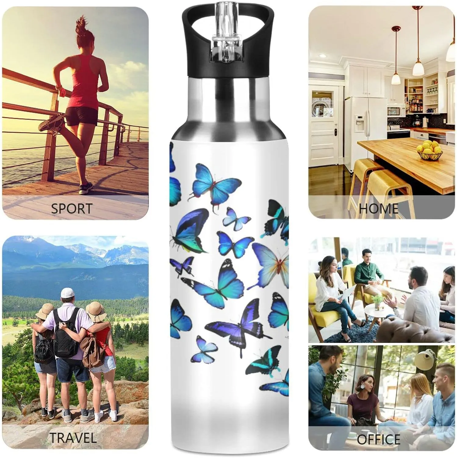 Kcldeci Blue Butterfly Sports Water Bottle 20 Oz Straw Lid Leak Proof Vacuum Insulated Stainless Steel Water Bottles Hot Cold Double Walled Thermo Mug Tumbler Travel Cup