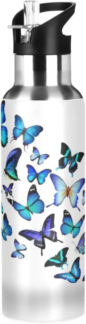 Kcldeci Blue Butterfly Sports Water Bottle 20 Oz Straw Lid Leak Proof Vacuum Insulated Stainless Steel Water Bottles Hot Cold Double Walled Thermo Mug Tumbler Travel Cup