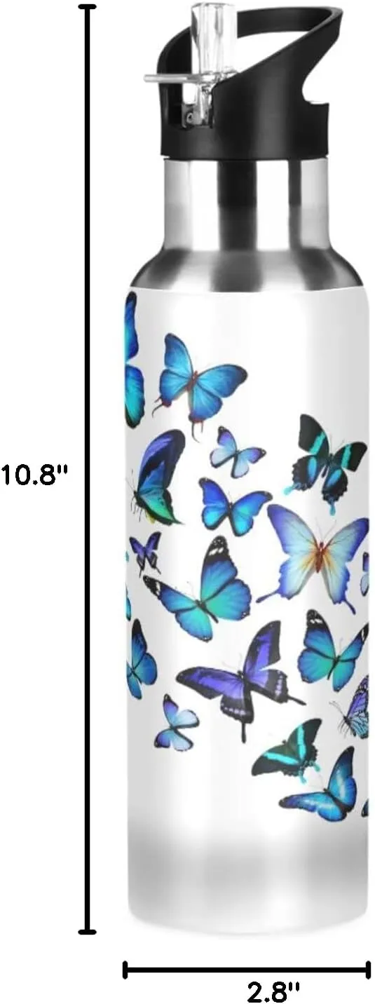 Kcldeci Blue Butterfly Sports Water Bottle 20 Oz Straw Lid Leak Proof Vacuum Insulated Stainless Steel Water Bottles Hot Cold Double Walled Thermo Mug Tumbler Travel Cup