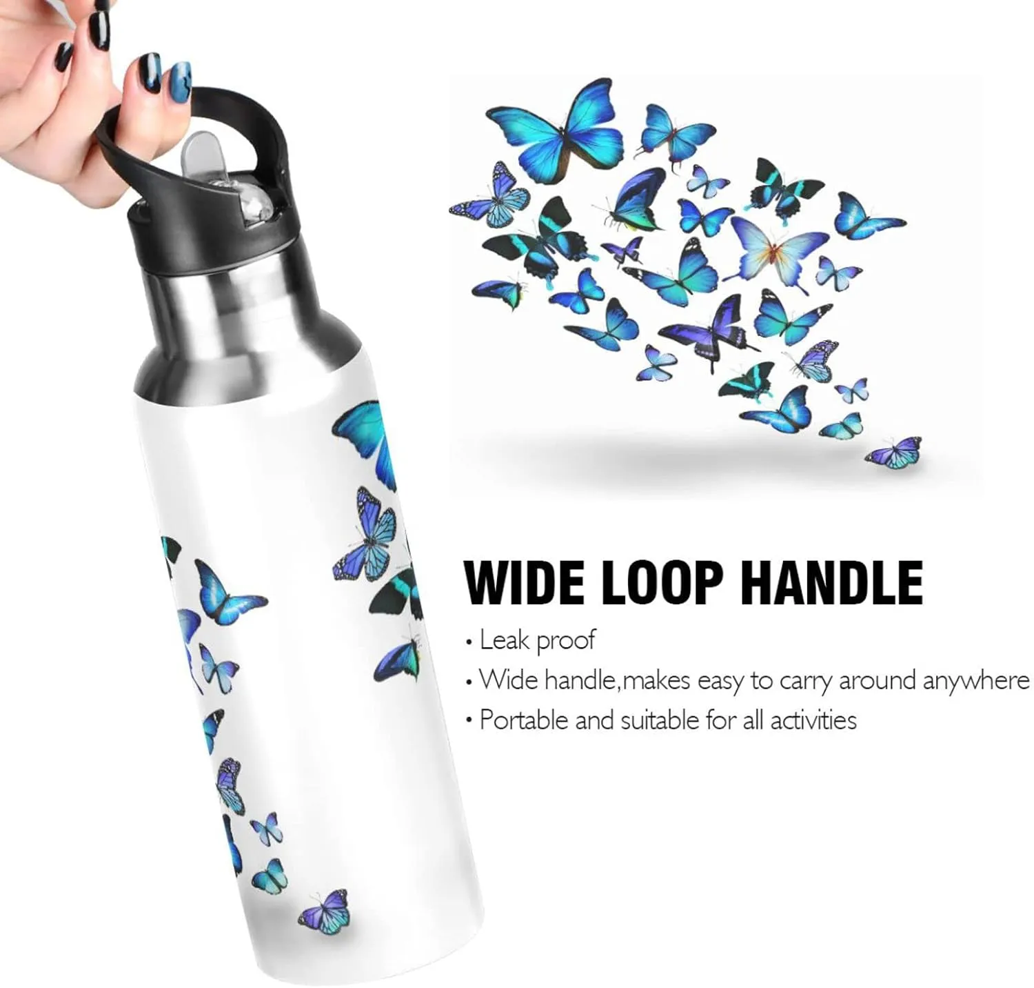 Kcldeci Blue Butterfly Sports Water Bottle 20 Oz Straw Lid Leak Proof Vacuum Insulated Stainless Steel Water Bottles Hot Cold Double Walled Thermo Mug Tumbler Travel Cup