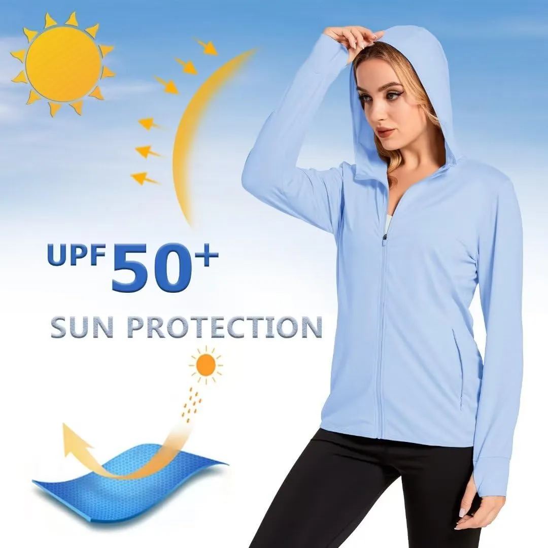 KEFITEVD Women's UPF 50  Sun Protection Light Jackets Full Zip Up Long Sleeve Sun Hoodie Outdoor Performance Hiking Shirts